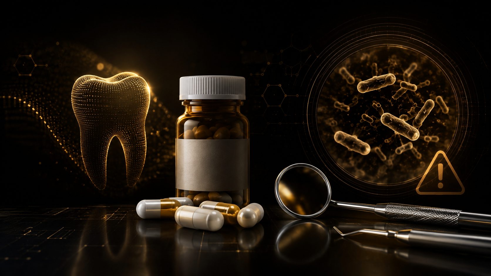 Antibióticos en odontología junto a instrumental dental y bacterias resistentes