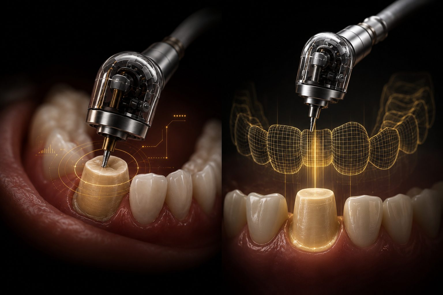 Robot dental intraoral preparando un diente guiado por el diseño digital de la restauración