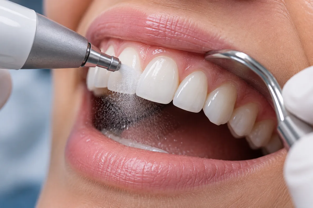 Limpieza dental para carillas con aeropulido para eliminar biofilm o placa bacteriana